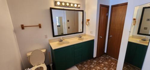 een badkamer met een toilet, een wastafel en een spiegel bij Valley Views Serene Retreat 