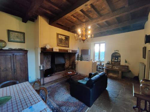 a living room with a couch and a fireplace at Manoir du Boscau, Gilles del Bosc in Prudhomat