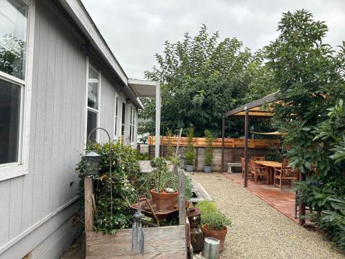 a backyard with a table and potted plants at Eastside Costa Mesa house in Costa Mesa
