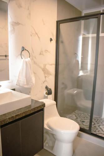 W łazience znajduje się toaleta, prysznic i umywalka. w obiekcie Hotel Amazonas Suite , habitación sencilla w Nueva Loja