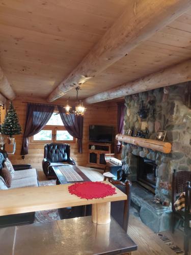 a living room with a stone fireplace and a table at Apartments Greenstone in Kolašin