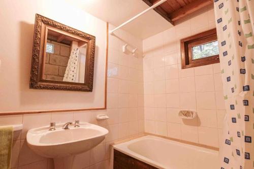 uma casa de banho com um lavatório, uma banheira e um espelho. em Cabaña Dakota, Ushuaia em Ushuaia