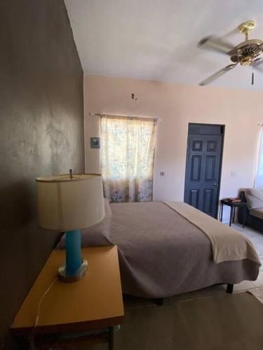 ein Schlafzimmer mit einem Bett und einem Tisch mit einer Lampe in der Unterkunft Depa en excelente ubicación in Loreto