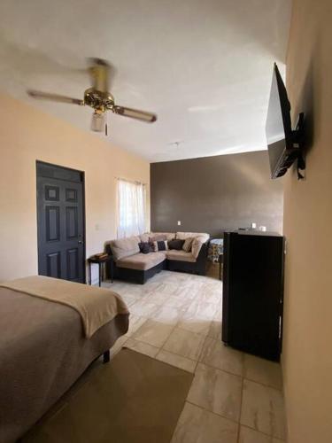 ein Wohnzimmer mit einem Bett und einem Sofa in der Unterkunft Depa en excelente ubicación in Loreto