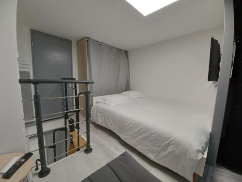 富瓦Charmant T2 duplex Centre de Foix的一间带床和电视的小卧室