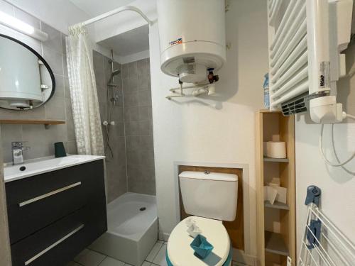 une petite salle de bain avec toilettes et lavabo dans l'établissement Plages & Marina - joli T2 à 200m des plages Sète, à Sète