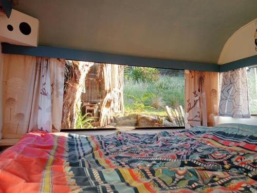 a bedroom with a bed and a large window at Down to earth NZ in Kerikeri