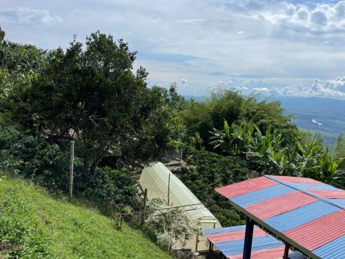 a table on top of a hill with a view at Itaca Hostel finca Cafetera in Belalcázar