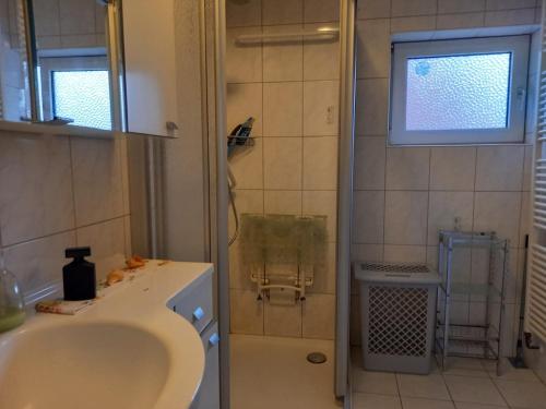 La salle de bains est pourvue d'un lavabo et d'une douche. dans l'établissement Ferienhaus Dobbenland, à Krummhörn