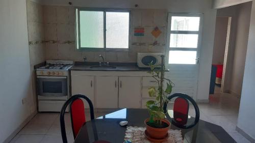 a kitchen with a table with a plant on it at Alícia in Mar del Plata