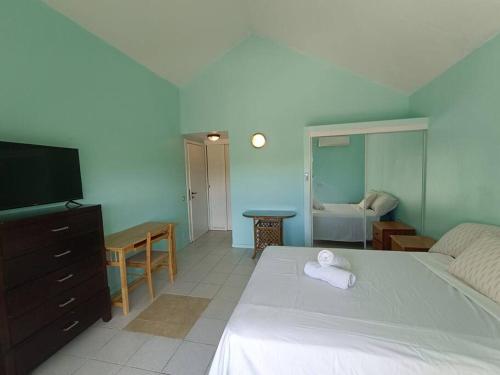 a bedroom with a bed and a tv and a room at Comfy house on a hidden beach in Five Islands Village