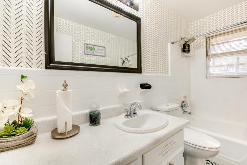 La salle de bains est pourvue d'un lavabo, de toilettes et d'un miroir. dans l'établissement Cozy Austell Home with Sunroom - 4 Mi to Six Flags!, à Austell