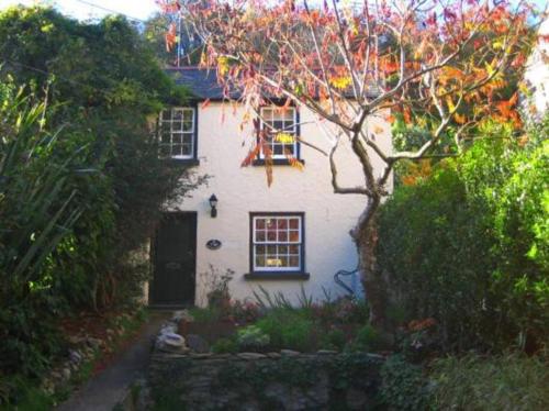 a white house with a tree in front of it at Cosy private cottage near beach in Ilfracombe