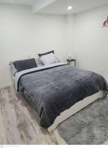 a bedroom with a large bed in a white room at Cozy & Private Entire Basement in Winnipeg