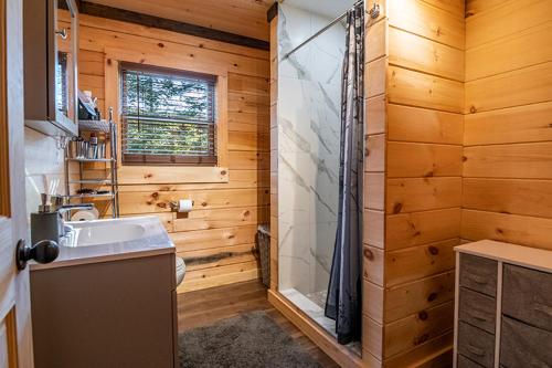 y baño de madera con lavabo y ducha. en Downhill Lodge, en Lake Placid