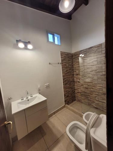 a bathroom with a sink and a toilet and a shower at Casa con pileta en Vaqueros in Vaqueros