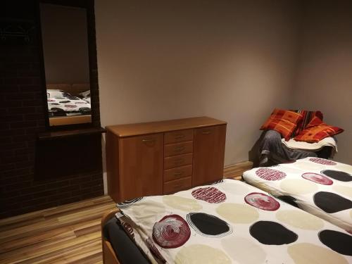 a bedroom with two beds and a dresser and a mirror at Ferienwohnung mit Balkon 1.OG in Neustadt bei Coburg