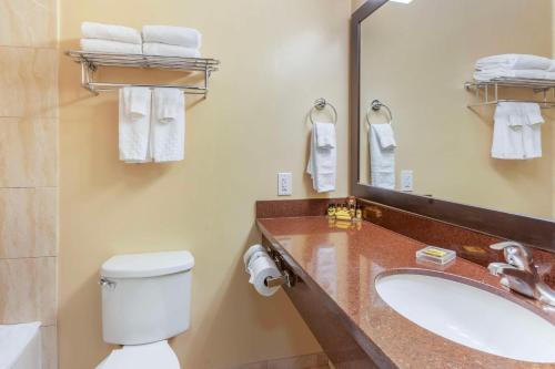 a bathroom with a sink and a toilet and a mirror at Best Western Plus Airport Plaza in San Jose