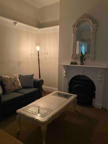 a living room with a couch and a fireplace with a mirror at Sylvester’s on Lamont. Arty in Invermay. in Invermay