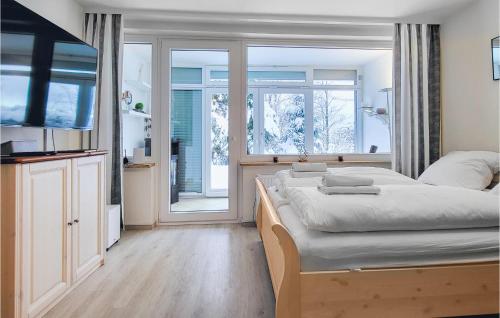 um quarto com uma cama grande e uma janela grande em Nice Apartment In St, Andreasberg With Kitchen em Sankt Andreasberg