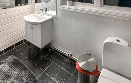La salle de bains est pourvue d'un lavabo blanc et de toilettes. dans l'établissement Gorgeous Home In Flen With Sauna, à Flen