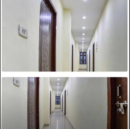 two pictures of a hallway with a door and a hallway sidx sidx at Shaurya Villa Guest House in Dānāpur