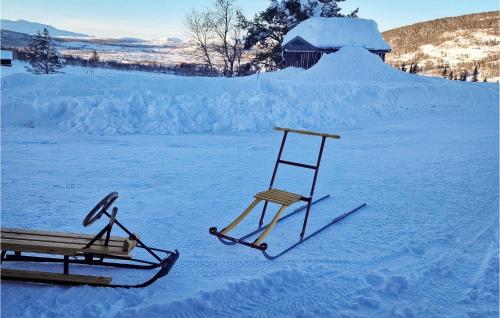 a chair and a sled in the snow at Cozy Apartment In Rn With Kitchen in Ron