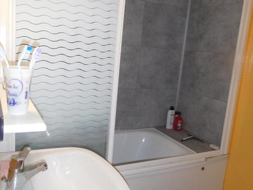 une salle de bain avec une douche, une baignoire et un lavabo dans l'établissement Charmante maisonnette près de la plage, 6 pers, équipements complets, parking privé, La Faute-sur-Mer - FR-1-476-205, à La Faute-sur-Mer