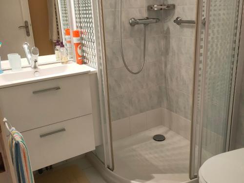 une salle de bain avec douche et lavabo dans l'établissement Maison Confortable à 300m de la Plage avec Terrasse et Parking - FR-1-323-432, à Saint-Jean-de-Monts