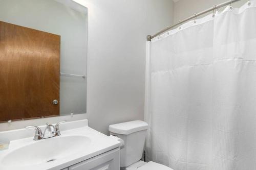 a bathroom with a sink and a toilet and a shower at Downtown home! Walk to Bulls Stadium, DPAC & food in Durham