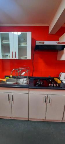 a kitchen with a sink and a red wall at Departamento a pasos de la playa in Iquique