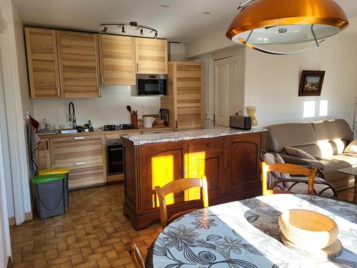 a kitchen with a table and a living room at Gite la ferme des maraîchers in Albigny-sur-Saone