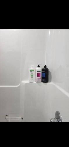 a white bathroom with two bottles ofodorizers on a shelf at Cozy in Regina