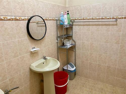 ein Bad mit einem Waschbecken und einem Spiegel in der Unterkunft COZY GL Roomstay ARAU in Kangar