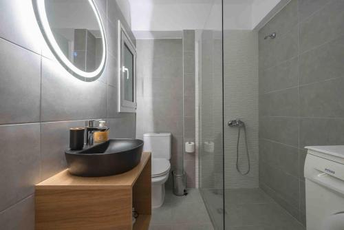 uma casa de banho com um lavatório, um WC e um espelho. em Athens Comfy Apartment- near Acropolis em Atenas