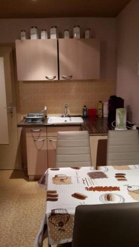 uma cozinha com uma mesa com cadeiras e um lavatório em Haus zur Sonne em Flöha