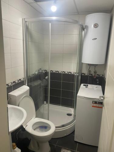 ein Bad mit einer Dusche, einem WC und einem Waschbecken in der Unterkunft Spirit Apartment 2 in Ohrid