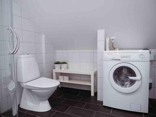 a bathroom with a toilet and a washing machine at A lovely bright apartment with it's own entrance in Kungsbacka