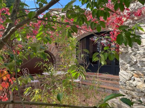 a window in a stone wall with pink flowers at L Amourier chambres charme et confort avec Jacuzzi ou baignoire XXL in Saint-Hippolyte-du-Fort