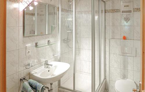 ein weißes Bad mit einem Waschbecken und einer Dusche in der Unterkunft Amazing Apartment In Aschau With 2 Bedrooms And Internet in Aschau