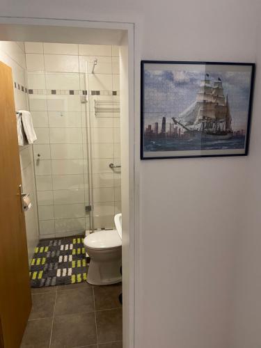ein Bad mit einem WC und einem Bild an der Wand in der Unterkunft Ferienwohnung Kniebis am Wald in Freudenstadt