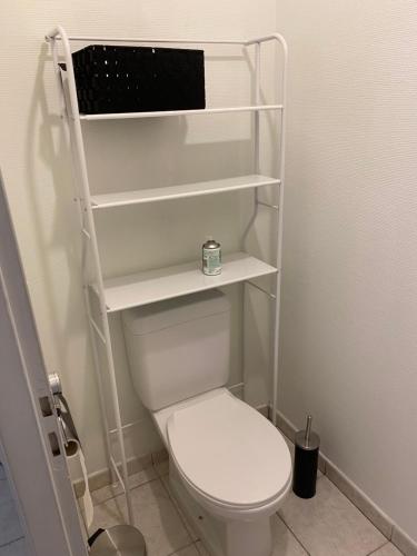 a bathroom with a white toilet and shelves at Le Belvédère in Maîche