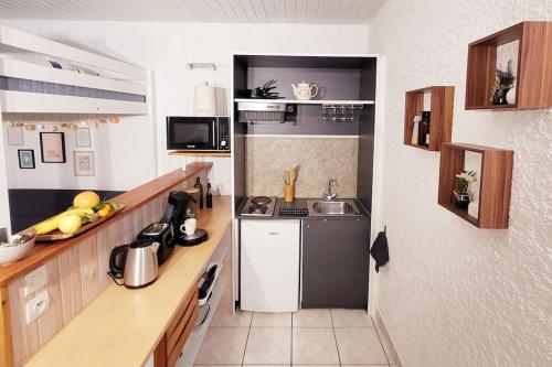una pequeña cocina con fregadero y nevera. en Le Studio 360 Proche Futuroscope & Arena 1/4 Pers, en Chasseneuil-du-Poitou