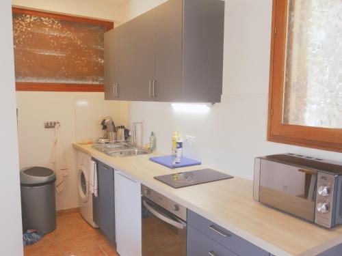 uma cozinha com um lavatório e uma bancada em Studio Walla Confort Centre em Montbrun-les-Bains