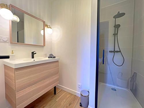 a bathroom with a sink and a shower at Appartement coup de coeur. St Etienne-Rochetaillée in Saint-Étienne