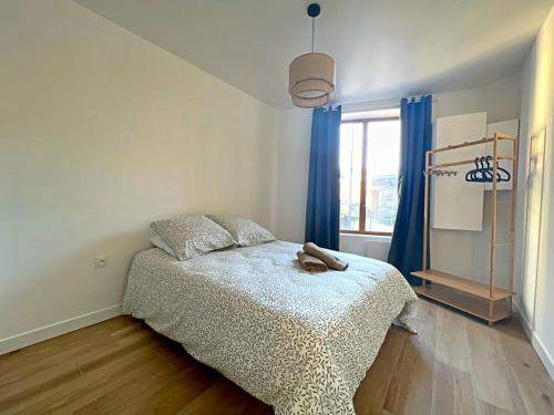 une chambre avec un lit et une fenêtre avec des rideaux bleus dans l'établissement Appartement coup de coeur. St Etienne-Rochetaillée, à Saint-Étienne