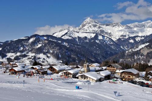 a town in the snow with a snow covered mountain at Gite des Sources d'Arvey in Verrens-Arvey
