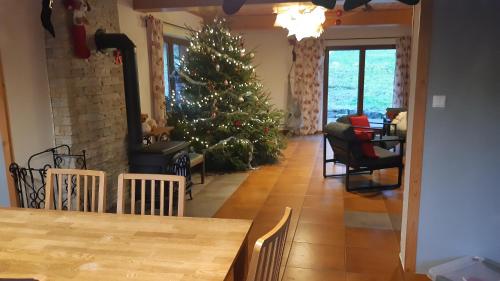 a christmas tree in a living room with a table and chairs at Dom pod Wilczym Groniem in Rajcza