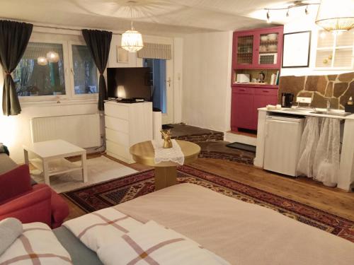 a living room with a couch and a kitchen at Studio in Altstadthaus in Sankt Veit an der Glan