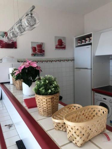 - une cuisine avec un comptoir avec des fleurs et des paniers dans l'établissement Beau T3 face Rouet plage avec garage, à Carry-le-Rouet
